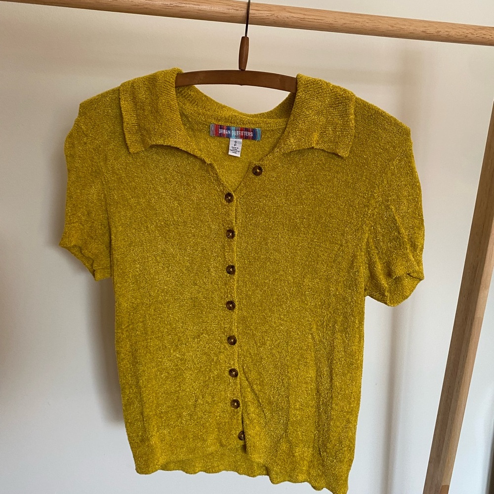 Urban Outfitters Adeline Yellow Multi Polo Short Sleeve Sweater Cardigan - Small